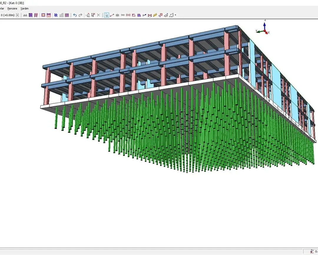 Modèle BIM structurel isométrique du centre de données Turkcell montrant l'ossature à plusieurs niveaux au-dessus d'un vaste système de pieux