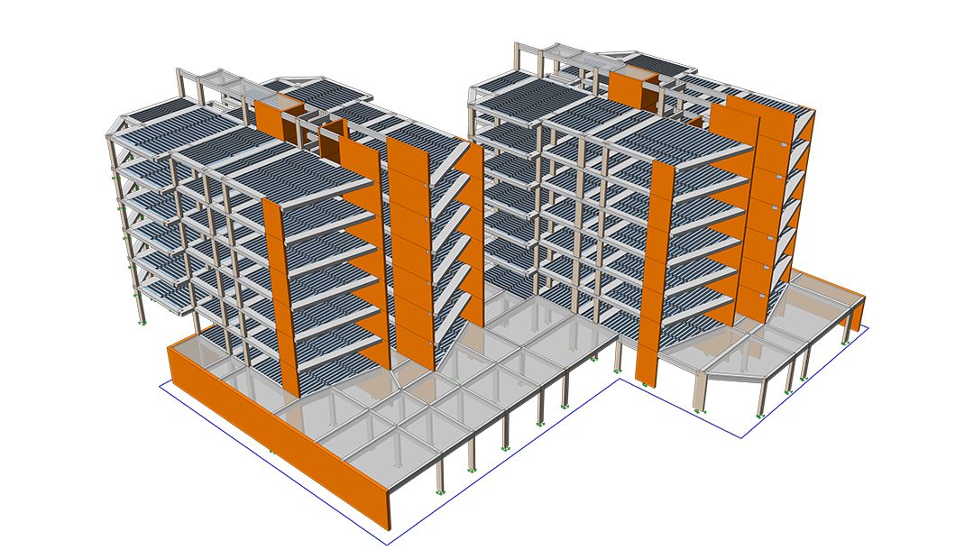 Modèle BIM structurel isométrique d'un immeuble résidentiel à plusieurs niveaux avec ossature métallique et voiles de noyau orange.