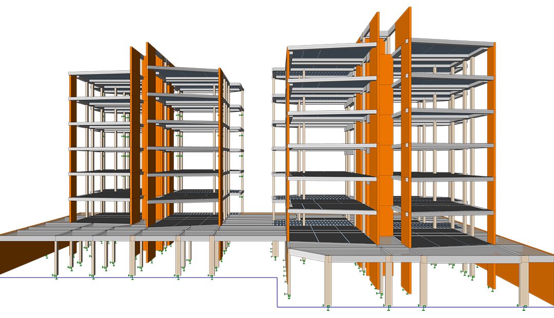 Vue en élévation frontale du modèle structurel 3D d'un immeuble d'habitation en acier et béton avec cages d'ascenseur orange.