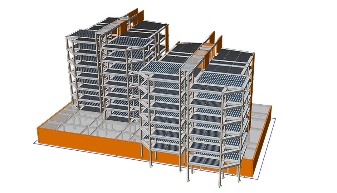 Perspective isométrique arrière du modèle BIM d'un immeuble résidentiel à plusieurs niveaux, avec poutres métalliques et niveaux de fondation.