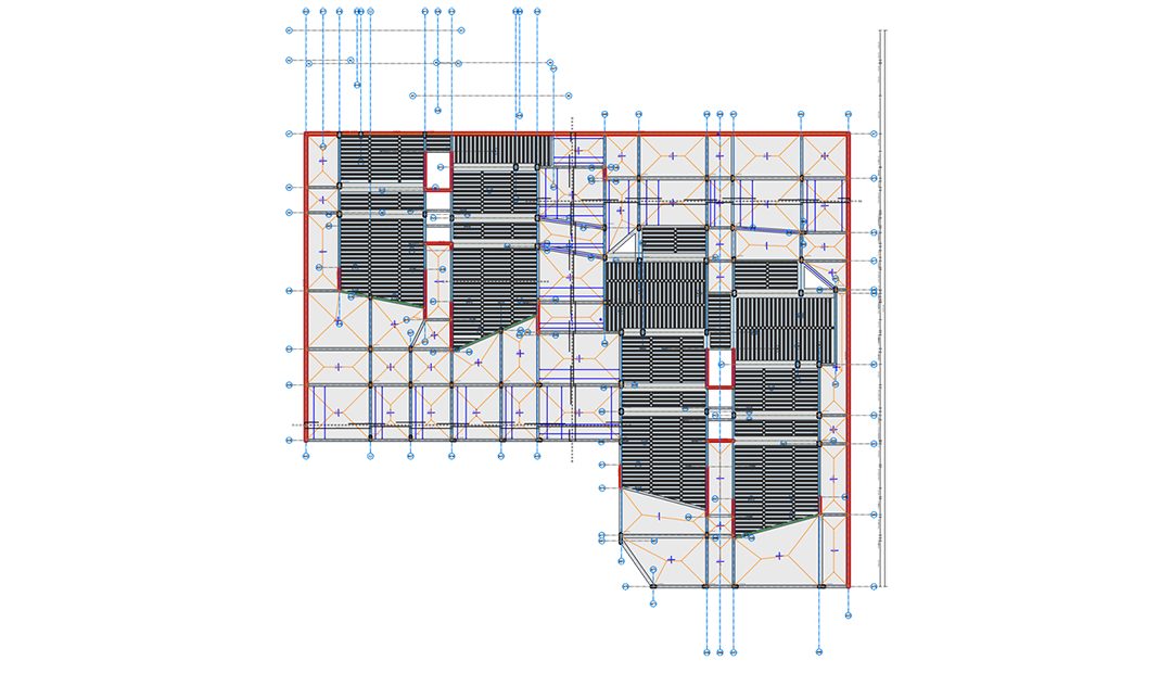 Plan de structure montrant les axes, les poteaux, l'implantation des dalles et les voiles de noyau de l'immeuble d'habitation.