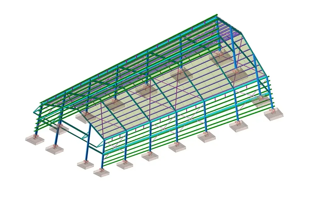 Modèle BIM structurel 3D isométrique d'un entrepôt à portiques métalliques avec semelles de fondation