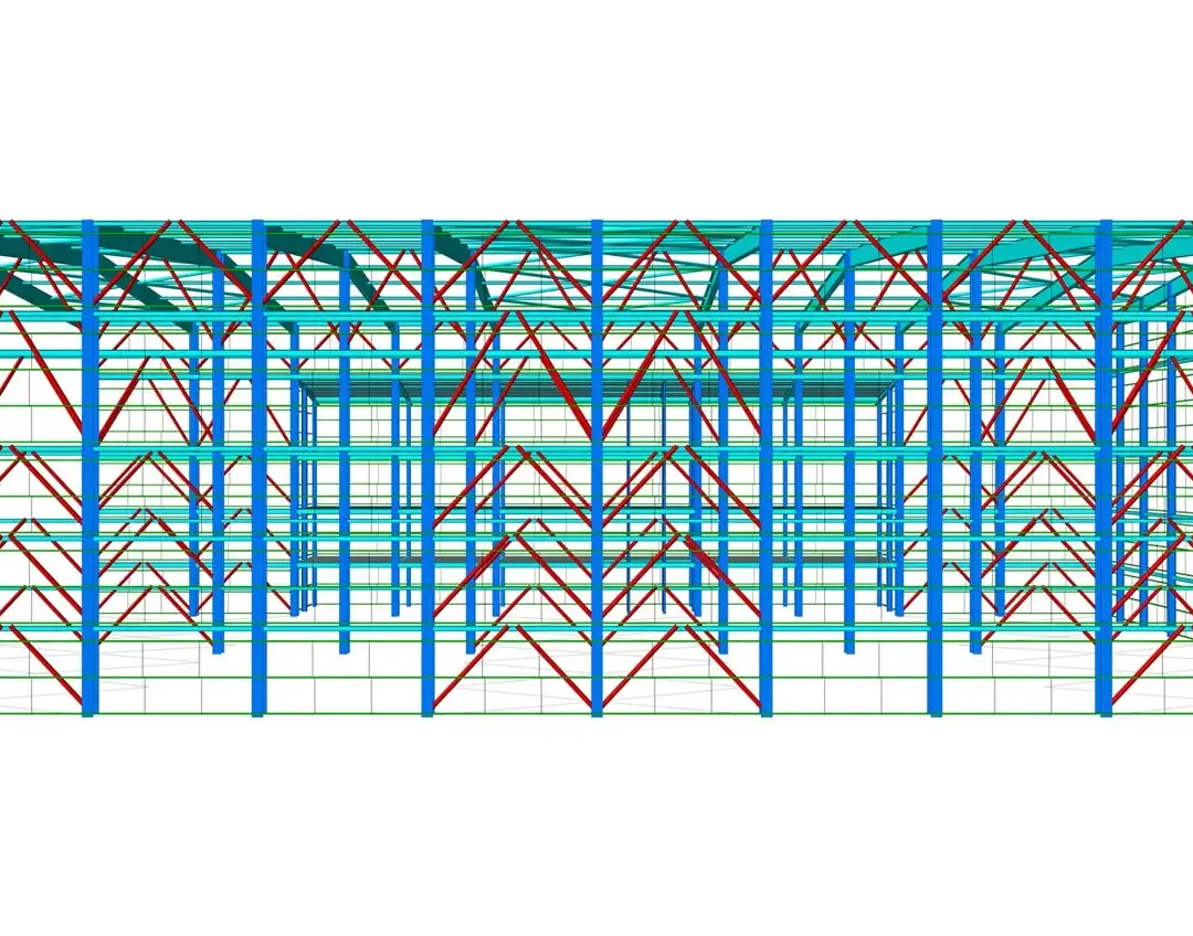 Modèle BIM structurel isométrique d'un grand bâtiment à portiques métalliques avec contreventement en croix étendu et poteaux