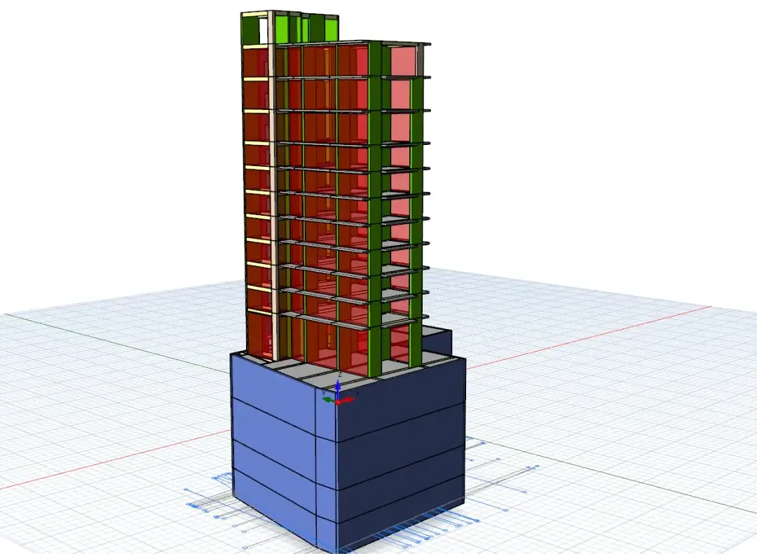 Modèle BIM structurel isométrique de l'hôtel Yapı Akademisi montrant les poteaux, les dalles et les voiles du podium sur plusieurs niveaux