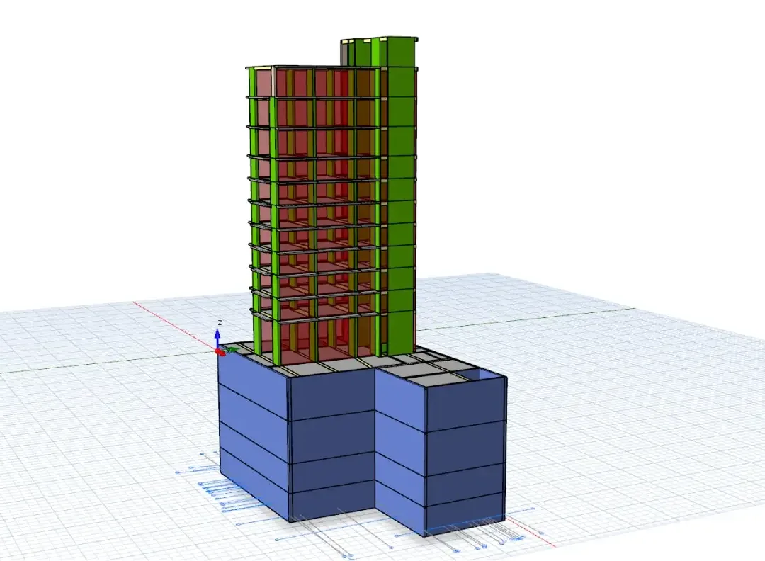 Modèle BIM isométrique d'une tour hôtelière de grande hauteur avec podium à plusieurs niveaux et voiles de contreventement en béton armé