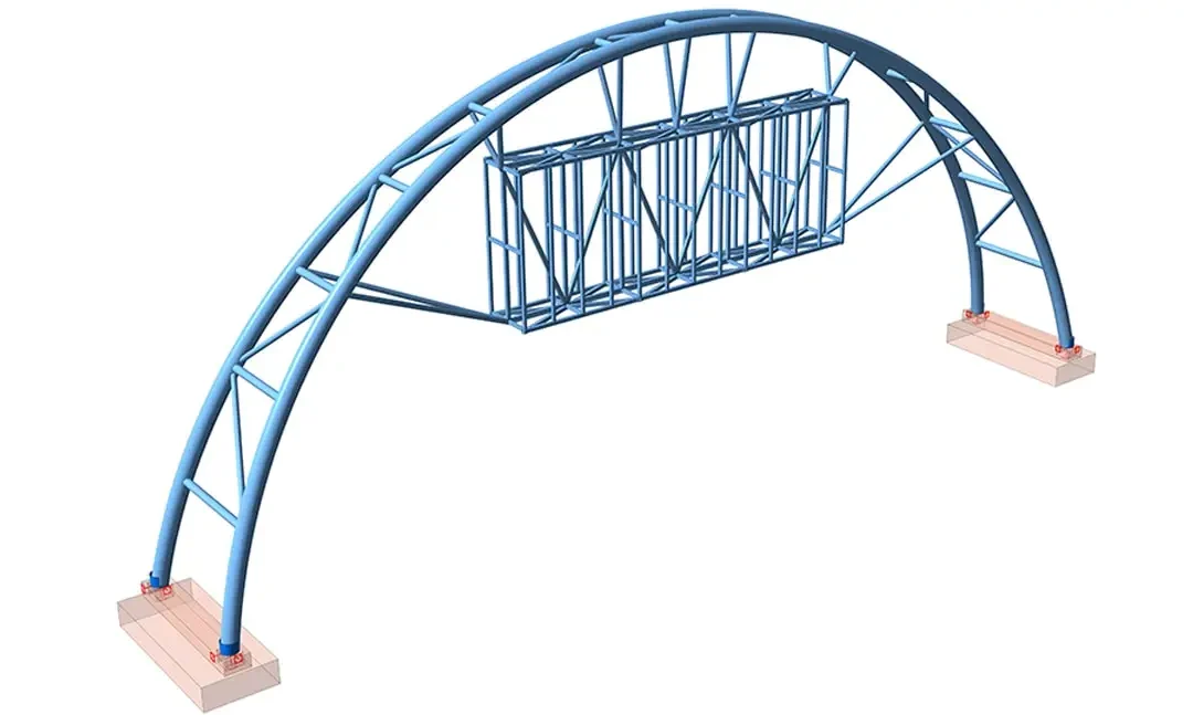 Betonarme amve pabuçları üzerinde boru profillerle modellenmiş reklam panosunu taşıyan çelik kemer makas
