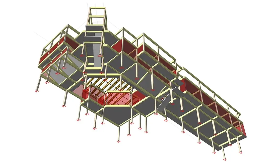 Çatı düzlemini, merdiven erişimini ve aşağıdaki kolon aksını gösteren katedral yapısı modelinin havadan görünümü