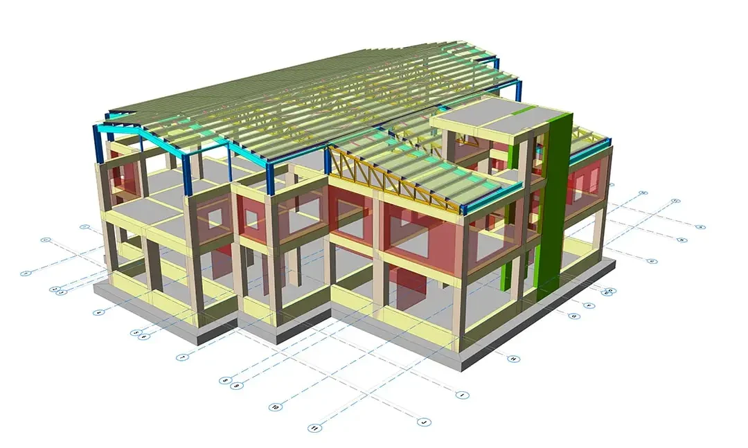 Köşeden bakıldığında kat kirişlerini ve çelik çatı çerçevesini gösteren konferans merkezi yapısal modeli