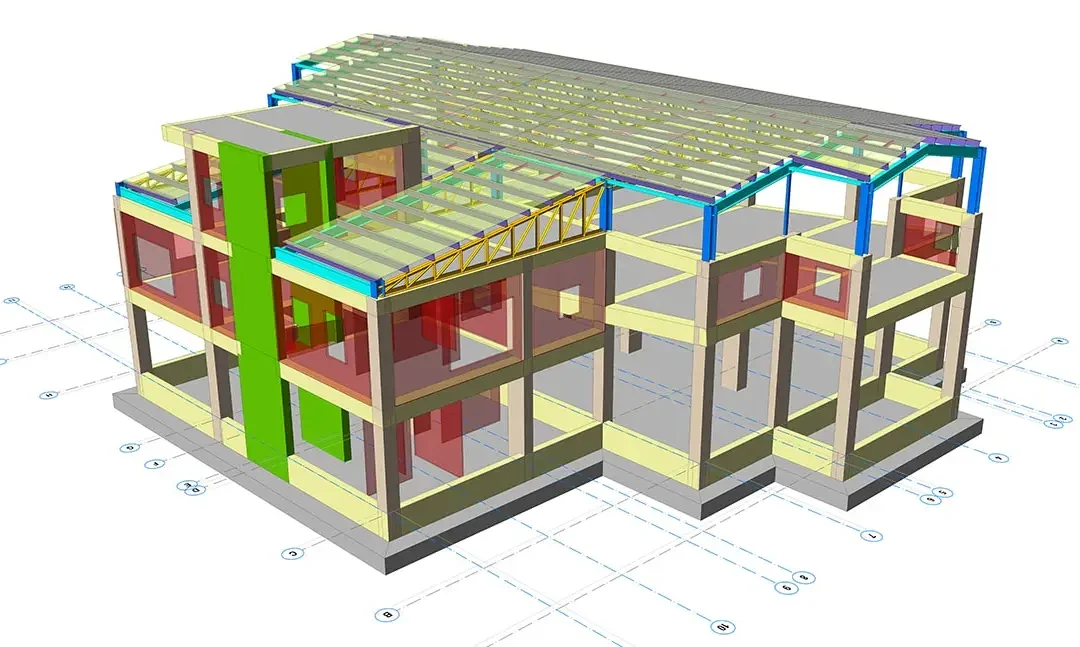 Betonarme çerçeveden çelik çatıya kadar uzanan yeşil bir çekirdek perde duvara sahip konferans merkezi modeli