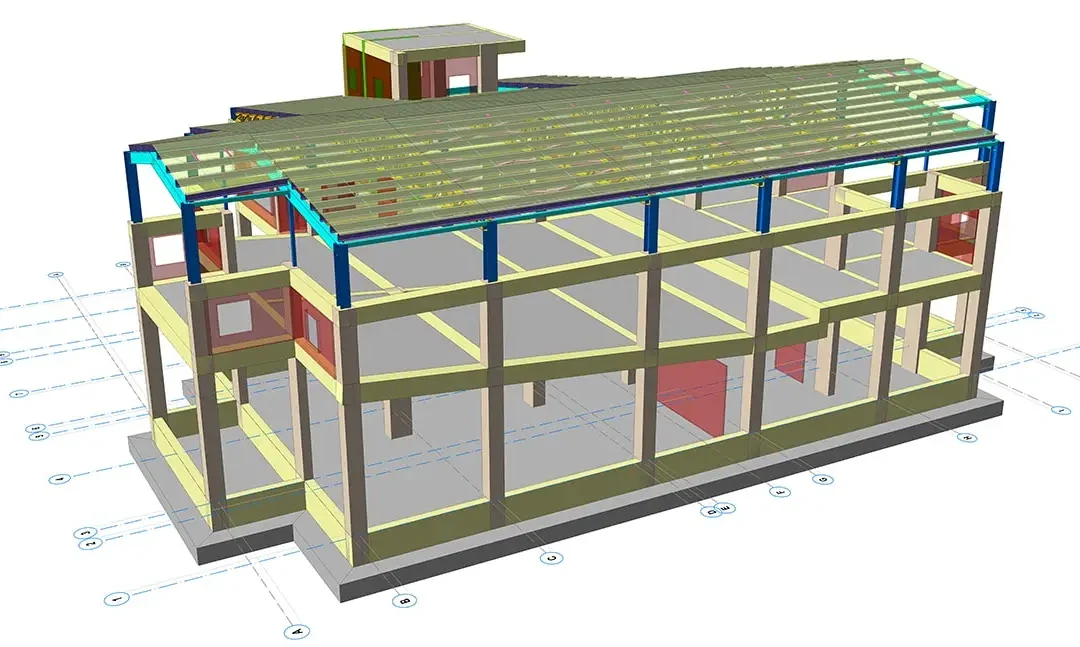 Çelik aşık çatısı altında üç kat betonarme çerçeveyi gösteren konferans merkezi modeli