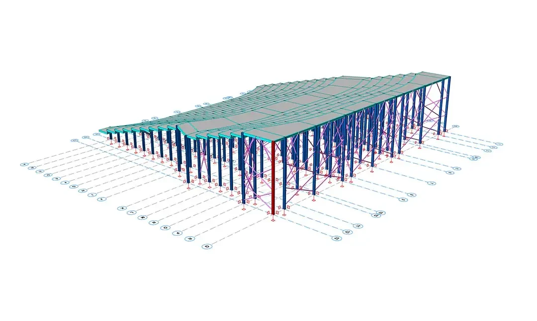 Mavi portal kolonları üzerinde taşınan eğimli çatıya sahip büyük bir konferans salonunun çelik yapısı