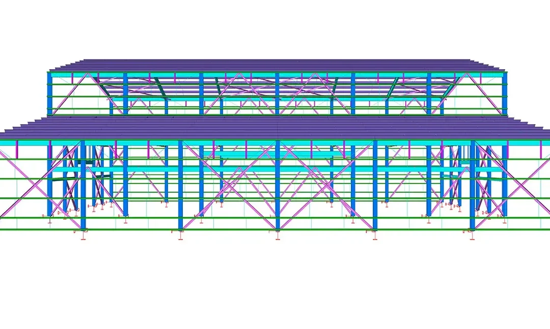 Diyagonal duvar çaprazları ve çatı çerçevesi içeren çok kademeli çelik depo yapısının ön cephe görünümü