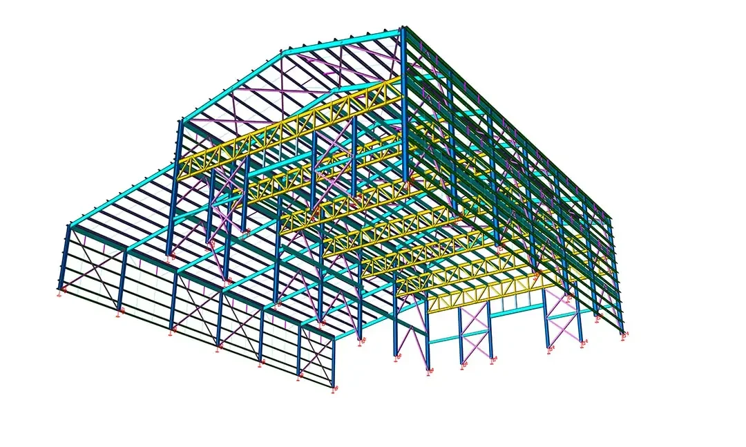 Makaslar ve çaprazlar içeren büyük bir çelik portal çerçeve deponun izometrik 3B yapısal BIM modeli