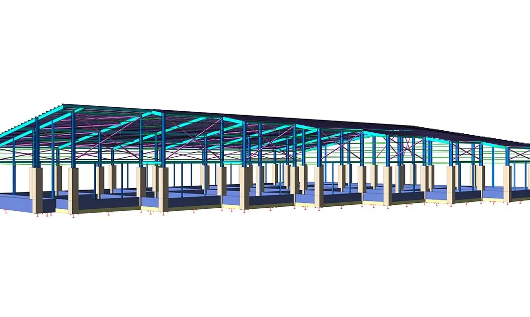 Düşük eğimli bir çatıya ve düzenli aralıklı portal çerçevelere sahip uzun çelik hangar çerçeve modeli