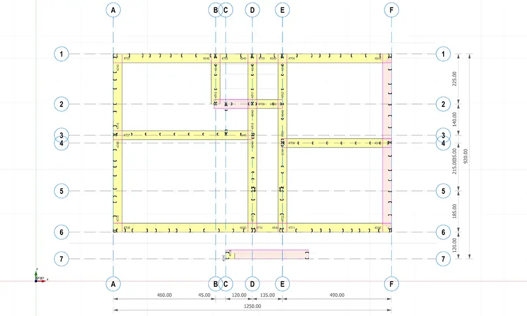 Yük taşıyan duvar hatları ve aks çizgilerine sahip hafif çelik konutun yapısal plan çizimi