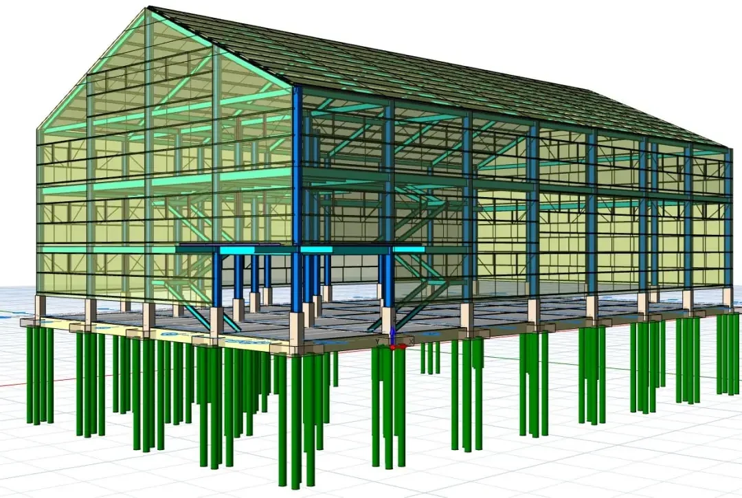 Yeşil kazık temel üzerine oturan beşik çatıya sahip çelik çerçeveli laboratuvar binası
