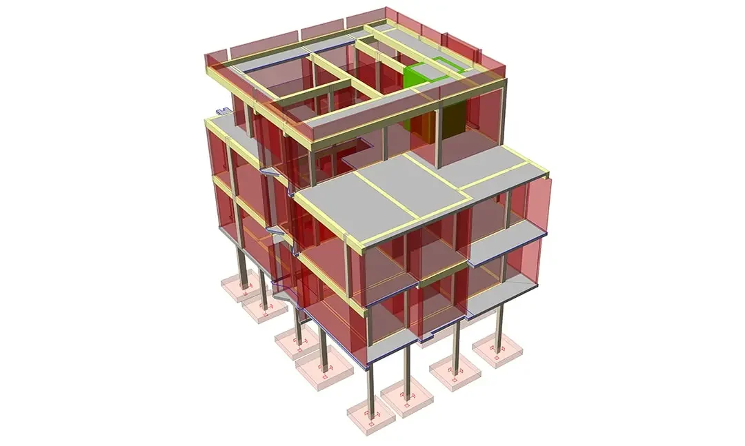 Kırmızı duvarlı ve çıkmalı balkon döşemelerine sahip üç katlı apartmanın yapısal modeli
