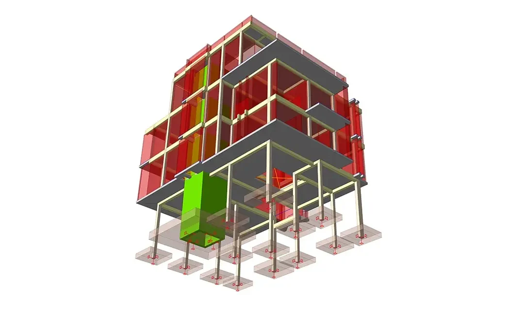 Konsol döşemeleri ve tekil temelleri gösteren, köşeden bakılan apartman modeli