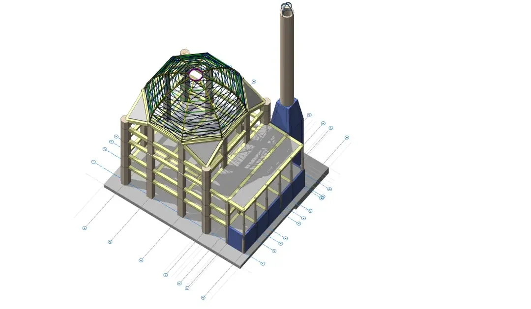 Kafes kubbe iskeletine, minareye ve çevreleyen betonarme iskelete sahip bir caminin yapısal modeli