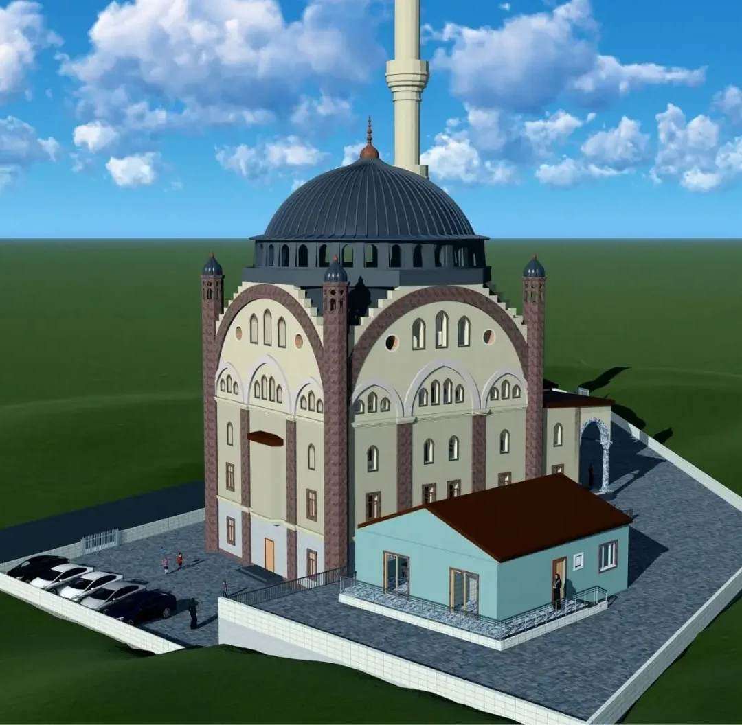 Merkezi kubbesi, minaresi ve kemerli cepheleriyle tamamlanmış bir caminin mimari görselleştirmesi