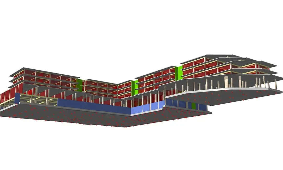 Açılı kanatları ve alttaki kürsü döşemesini gösteren yukarıdan bakışlı konut kompleksi modeli