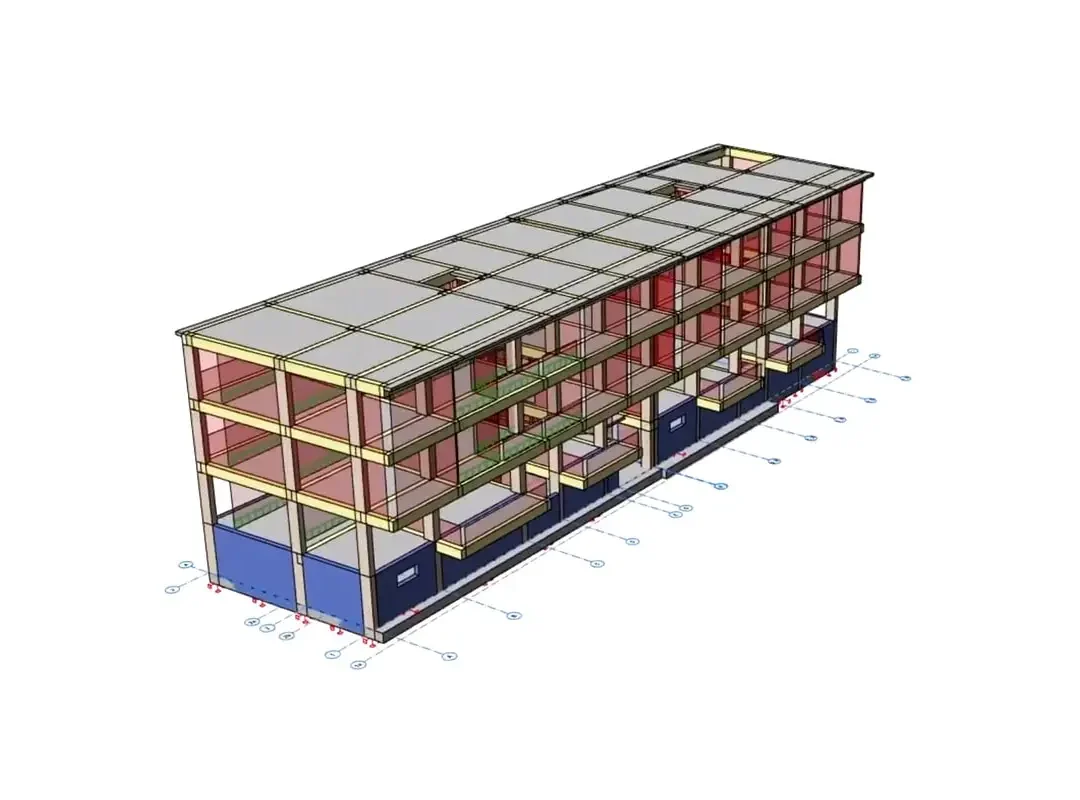 Her katta kiriş kafesini ve döşeme panellerini gösteren dört katlı konut bloğu modeli