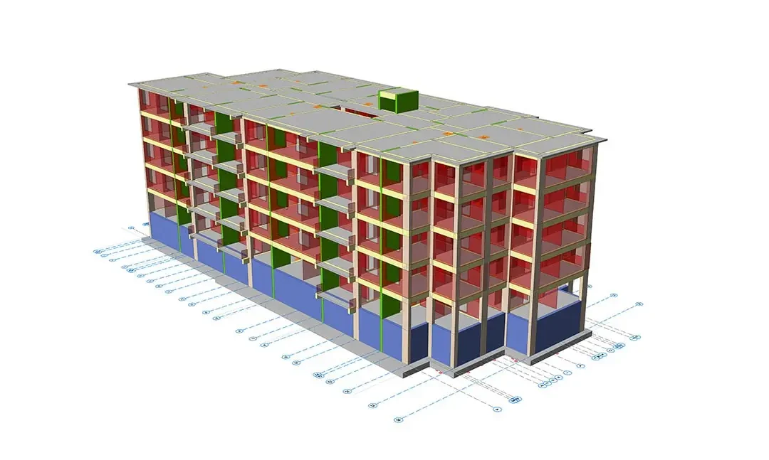 Balkon döşemelerini ve her kattaki perde duvar düzenini gösteren beş katlı konut bloğu modeli