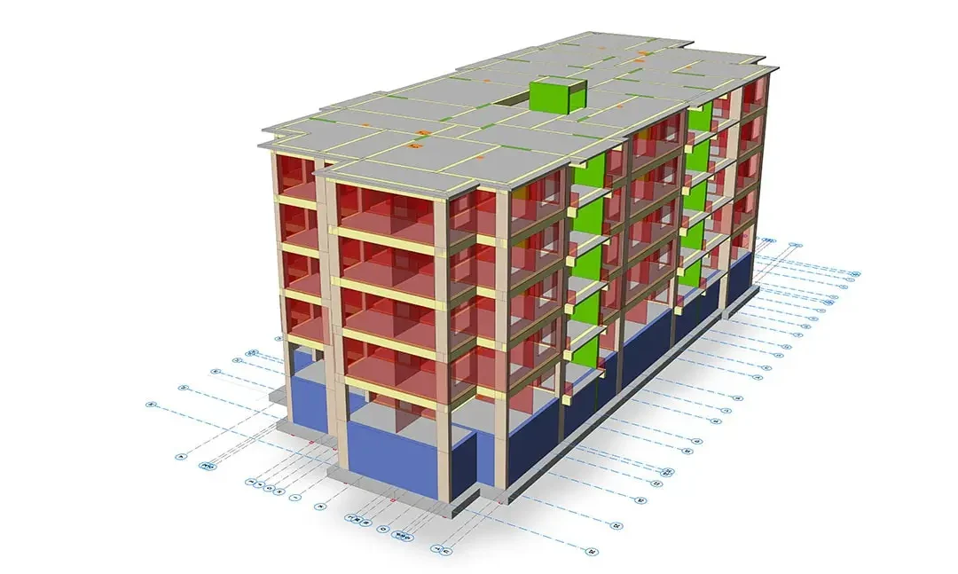 Çatı döşemesini ve merdiven kulesi konumlarını gösteren, yukarıdan bakılan konut bloğu modeli