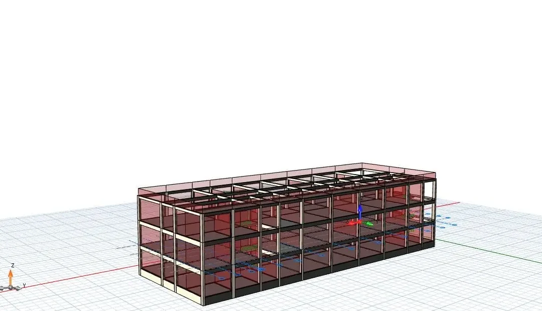 Düzenli kolon ve kiriş aksına sahip, uzun, üç katlı bir alışveriş kompleksinin yapısal modeli
