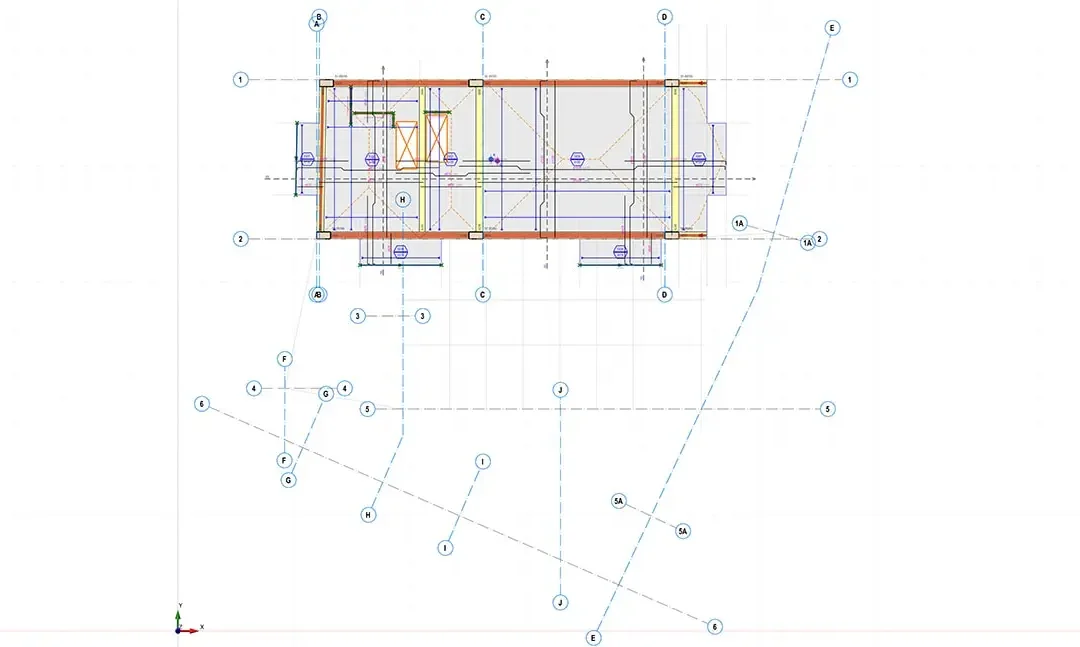 Çerçeveli bloğu ve radyal aksları gösteren fuar merkezi yapısal plan çizimi