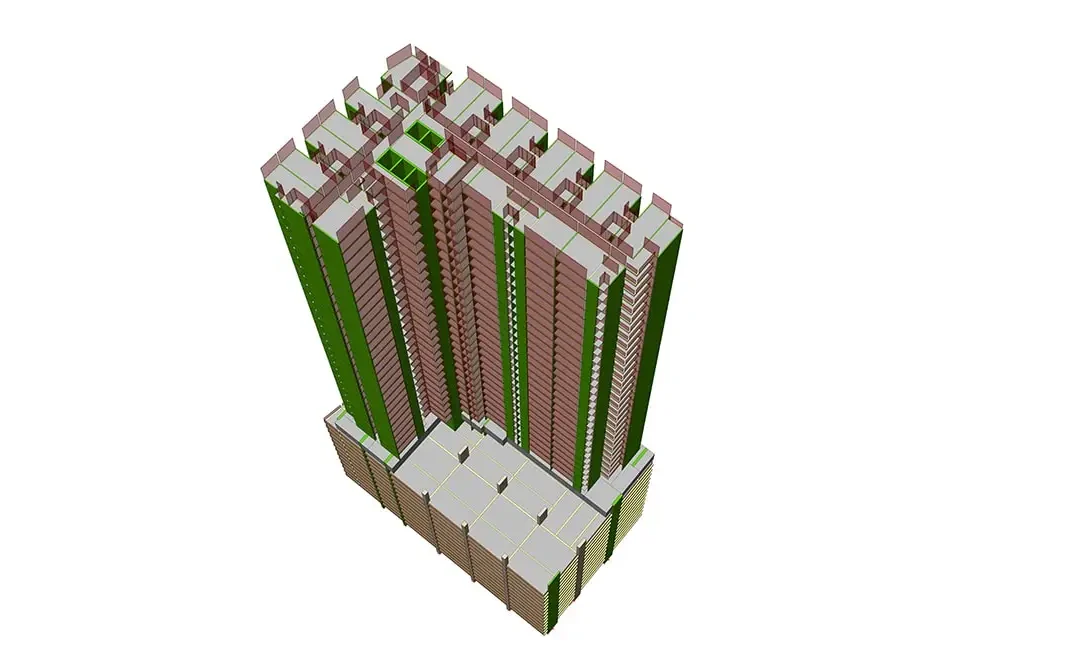 Podyum bloğundan yükselen yeşil çekirdeklere sahip konut kulesi kompleksinin yapısal modeli