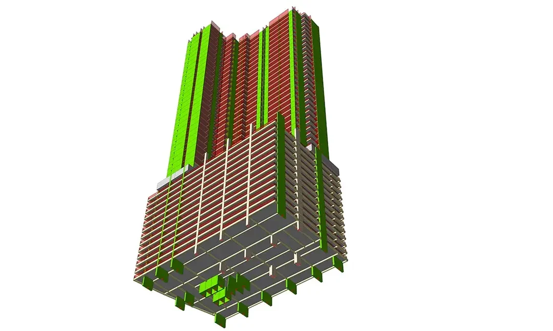 Kule bloklarının altındaki podyum taşıyıcı sistemini gösteren, alttan görünüşlü konut kulesi modeli