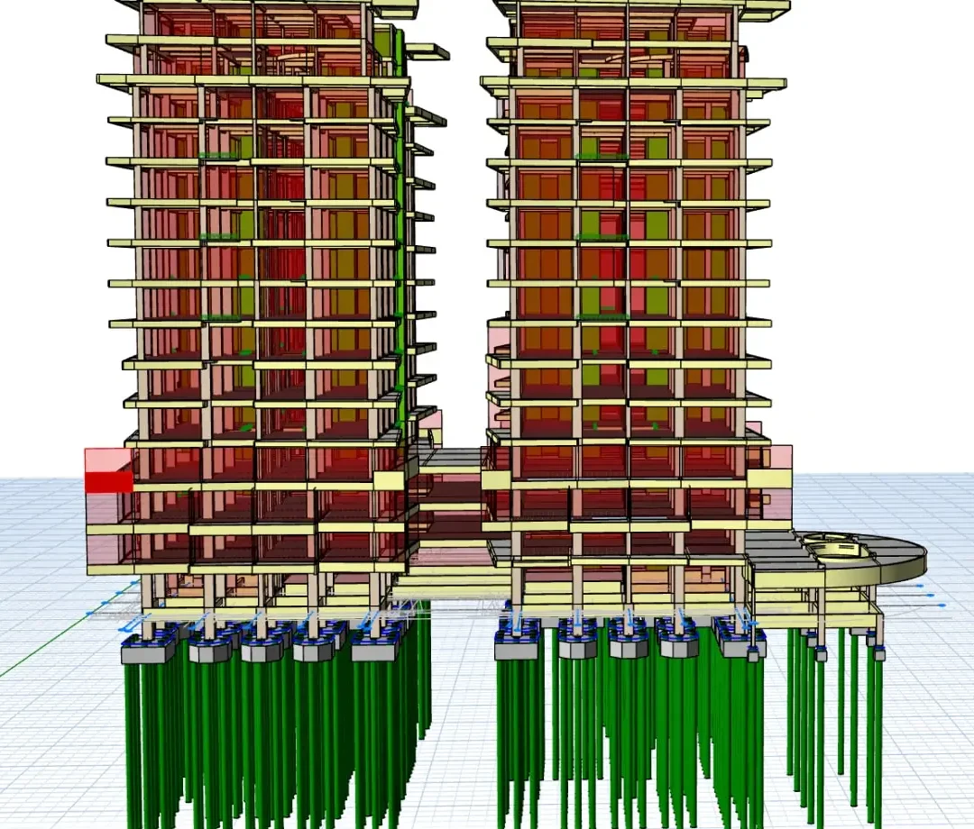 Ortak kazıklı podyum üzerinde teraslı döşemelerle modellenmiş ikiz apartman blokları