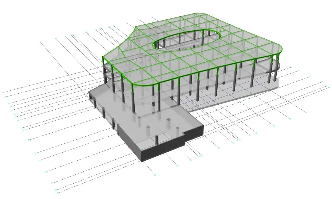 Çok katlı kolonları ve döşemeleri gösteren TOGG Mobility Transformation Park binasının izometrik yapısal BIM modeli