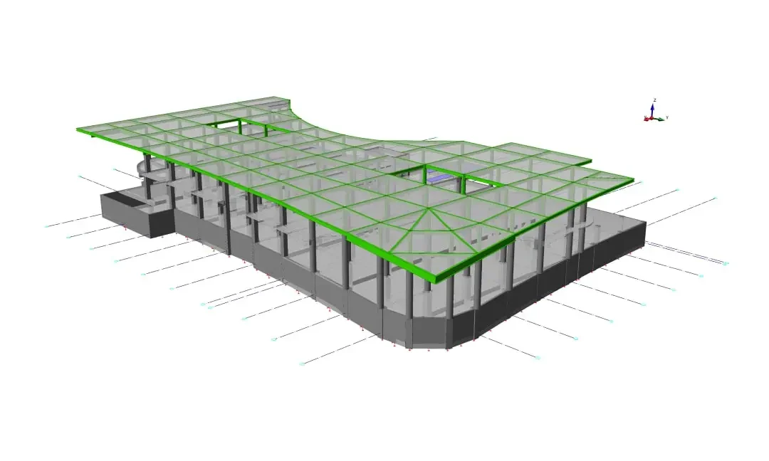 Kolonları, kirişleri ve döşeme düzenlerini gösteren TOGG-Mobility Transformation Park-II izometrik yapısal BIM modeli