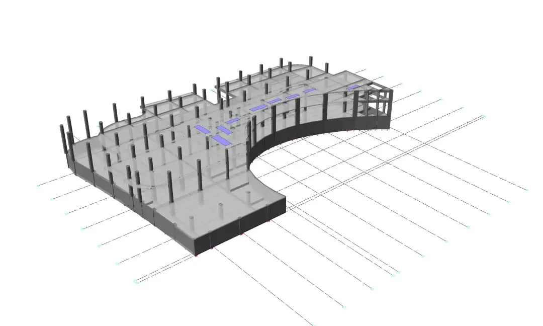 TOGG-Mobility Transformation Park-II için kolonları, kat döşemelerini ve kavisli düzeni gösteren izometrik 3D yapısal BIM modeli