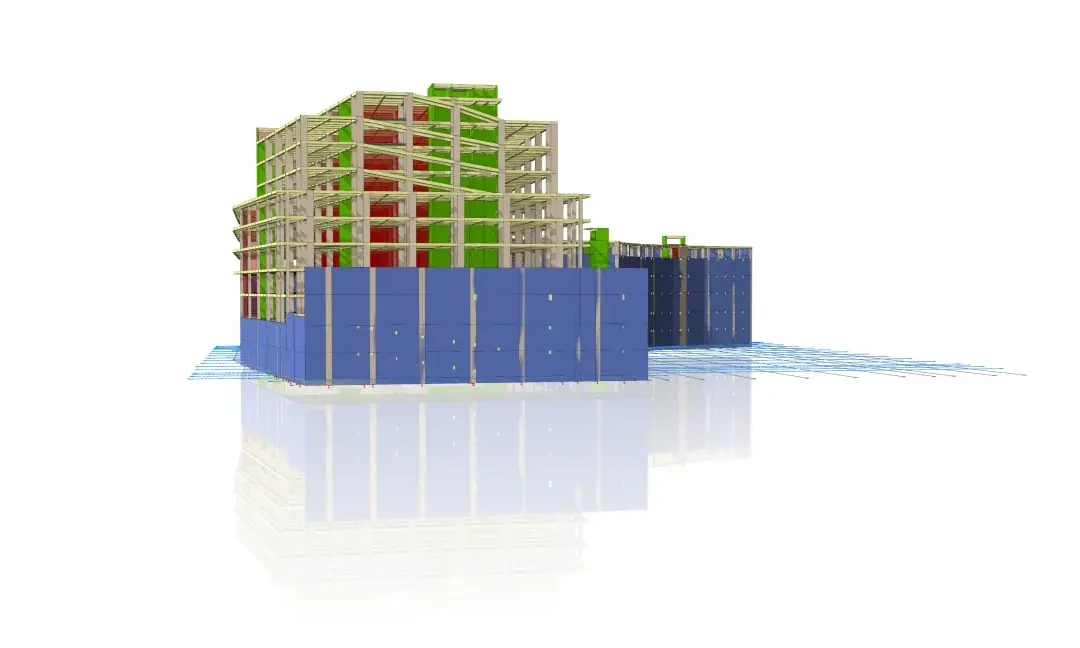 Renkli perdeler içeren karmaşık çok katlı betonarme yapısal BIM modelinin izometrik görünümü