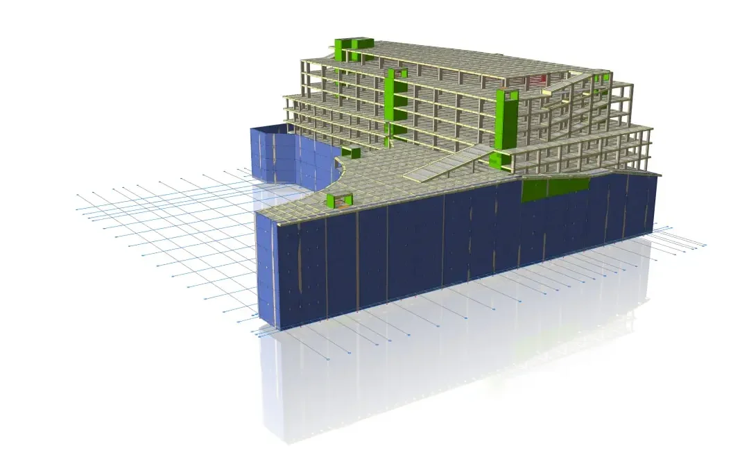 Çok katlı betonarme taşıyıcı sistemi ve temel perdelerini gösteren Otomotiv Ticaret Merkezi izometrik 3D yapısal BIM modeli