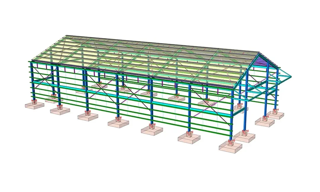 Kolonlar, aşıklar ve tekil temelleri gösteren çelik portal çerçeveli deponun izometrik yapısal BIM modeli