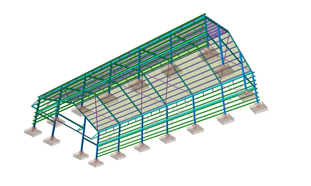 Temel pabuçları ile çelik portal çerçeveli depo binasının izometrik 3B yapısal BIM modeli