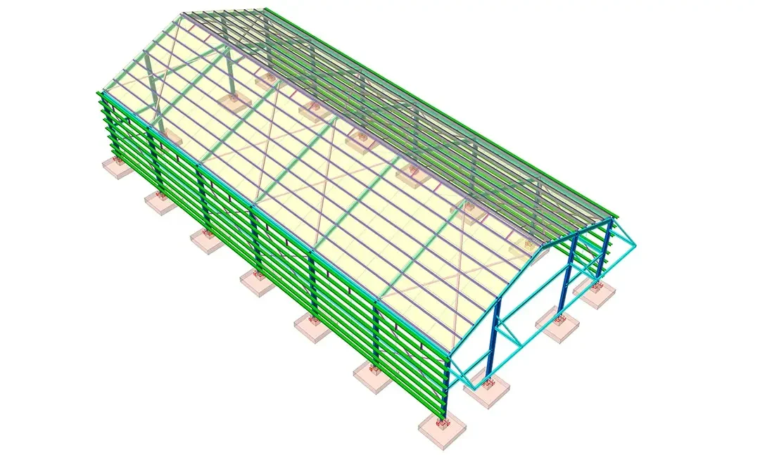 Kolonlar, çatı makasları ve temelleri gösteren çelik portal çerçeveli deponun izometrik yapısal BIM modeli