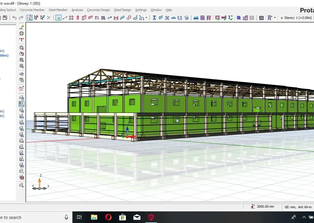 ProtaStructure arayüzü içinde yeşil duvarlara sahip çok katlı çelik çerçeveli bir binanın izometrik BIM modeli