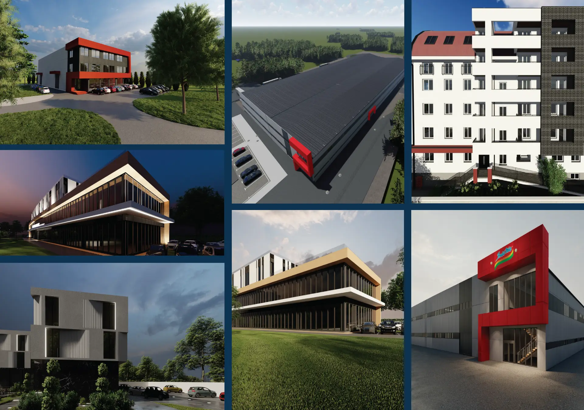 A collage of various modern buildings designed by MG Projekt, showcasing different architectural styles and designs, including commercial, residential, and industrial structures.