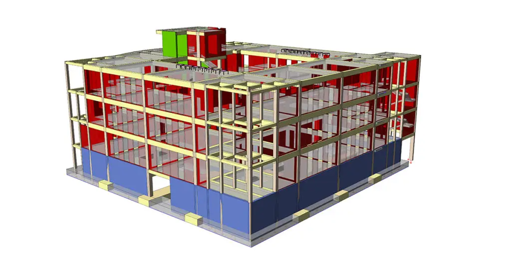 A 3D model showcasing beams, columns, and floors in a Libyan structure, highlighting key load-bearing components.