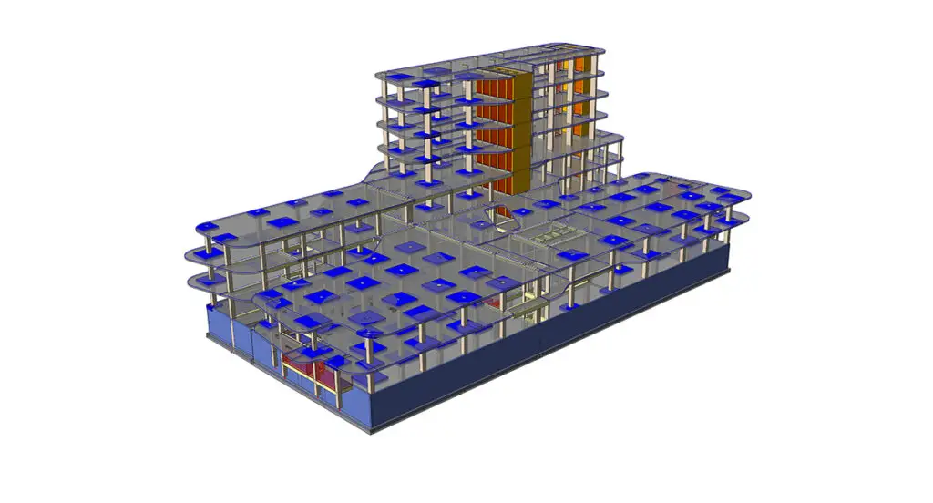 A 3D model showcasing floor slabs, columns, and beams in a structural design for a modern building in Libya.