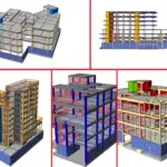 Collage of 3D structural building models showcasing columns, beams, and floors for Libyan construction projects.