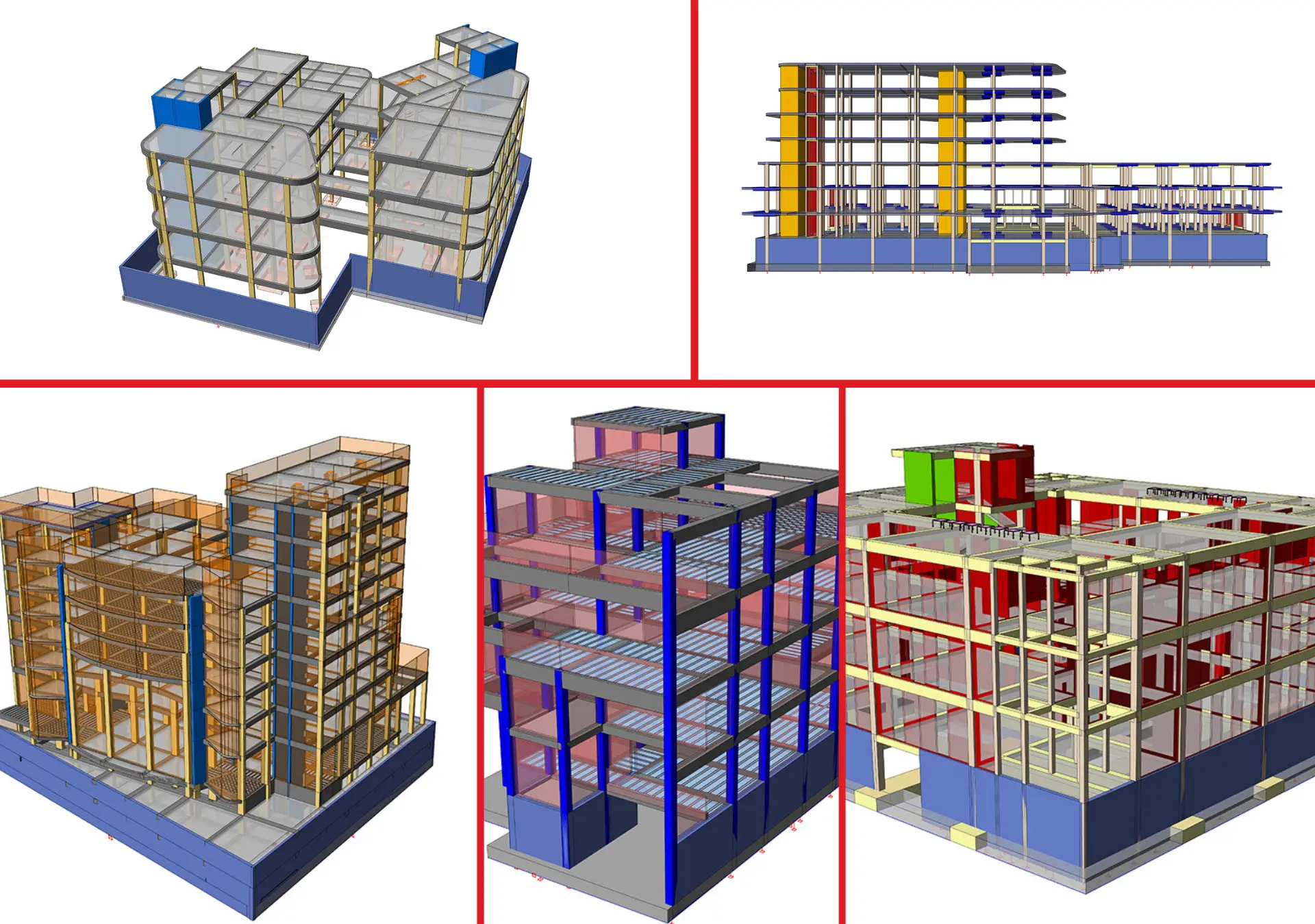 Collage of 3D structural building models showcasing columns, beams, and floors for Libyan construction projects.