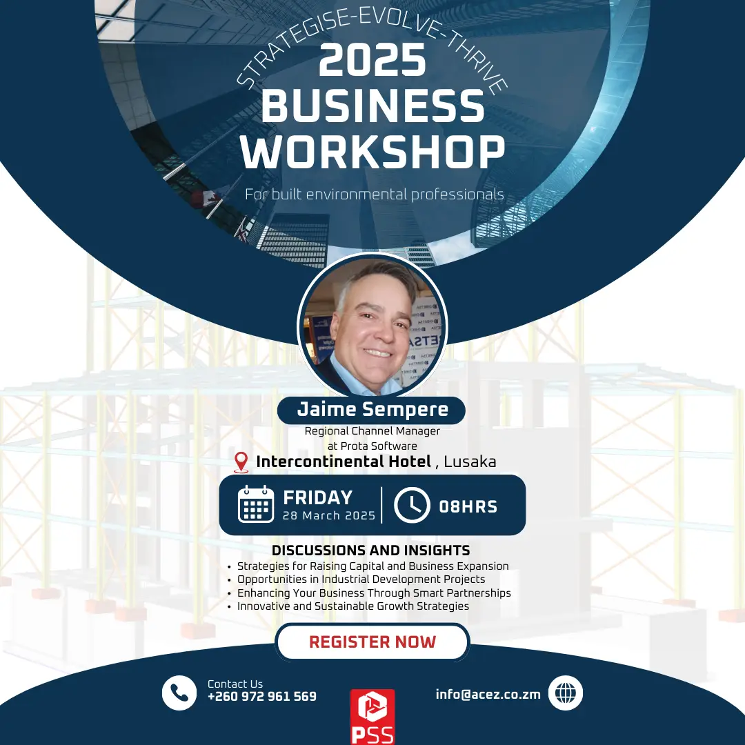 Promotional flyer for the “2025 Business Workshop” featuring a headshot of speaker Jaime Sempere, event details (28 March 2025, Intercontinental Hotel Lusaka, 08:00 hours), and discussion topics relevant to built environment professionals.