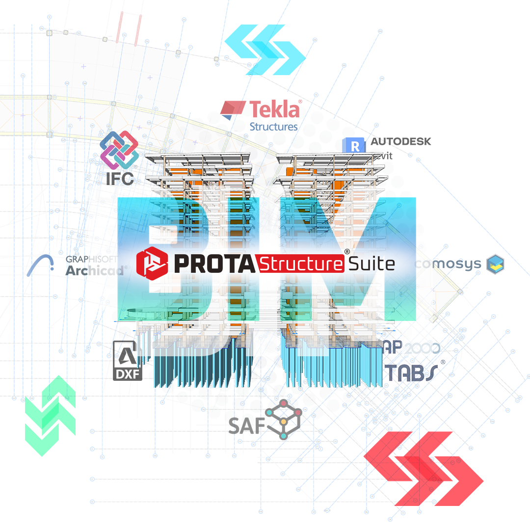 ProtaStructure Suite BIM integration graphic showing interoperability with Tekla Structures, Autodesk Revit, IFC, Archicad, DXF, SAF, ETABS, and SAP2000