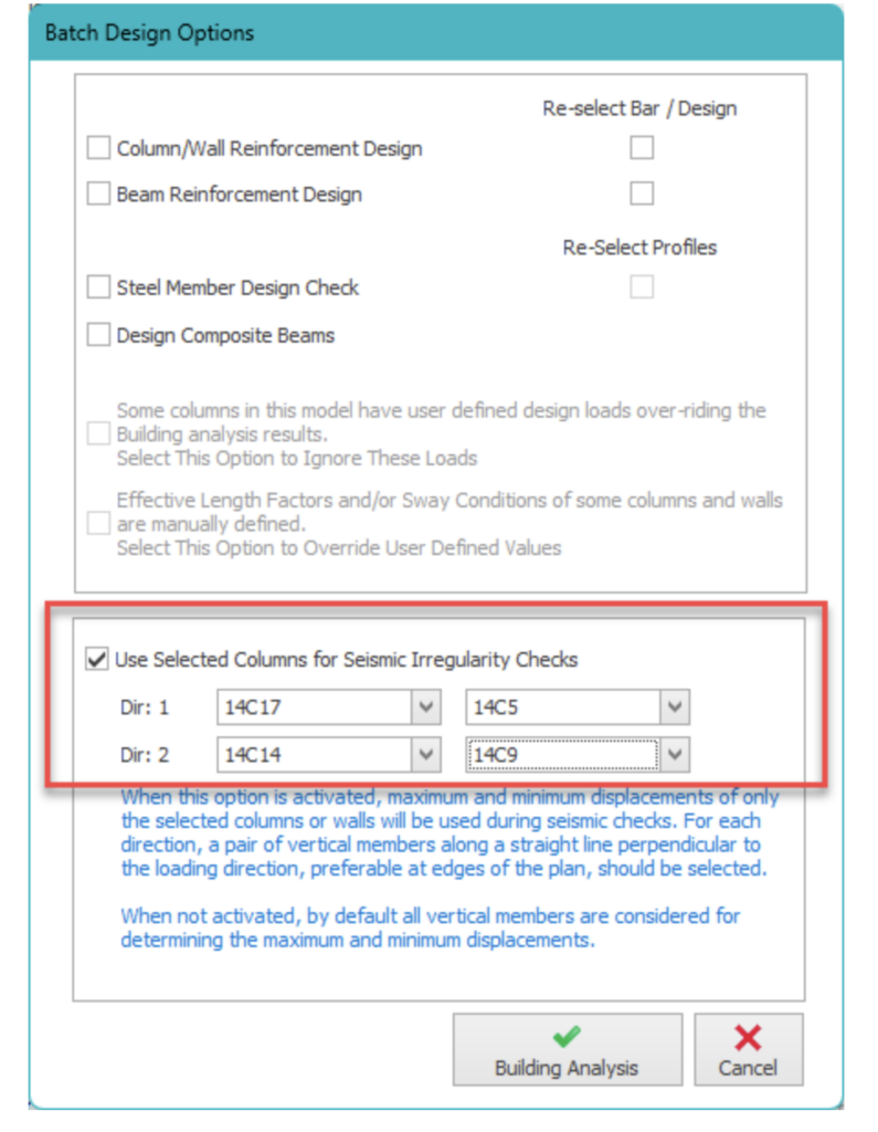 ProtaStructure Batch Design Options dialog box showing reinforcement and steel design checkboxes, with a red-highlighted section for seismic irregularity checks using selected reference columns in two directions, and a Building Analysis confirmation button.